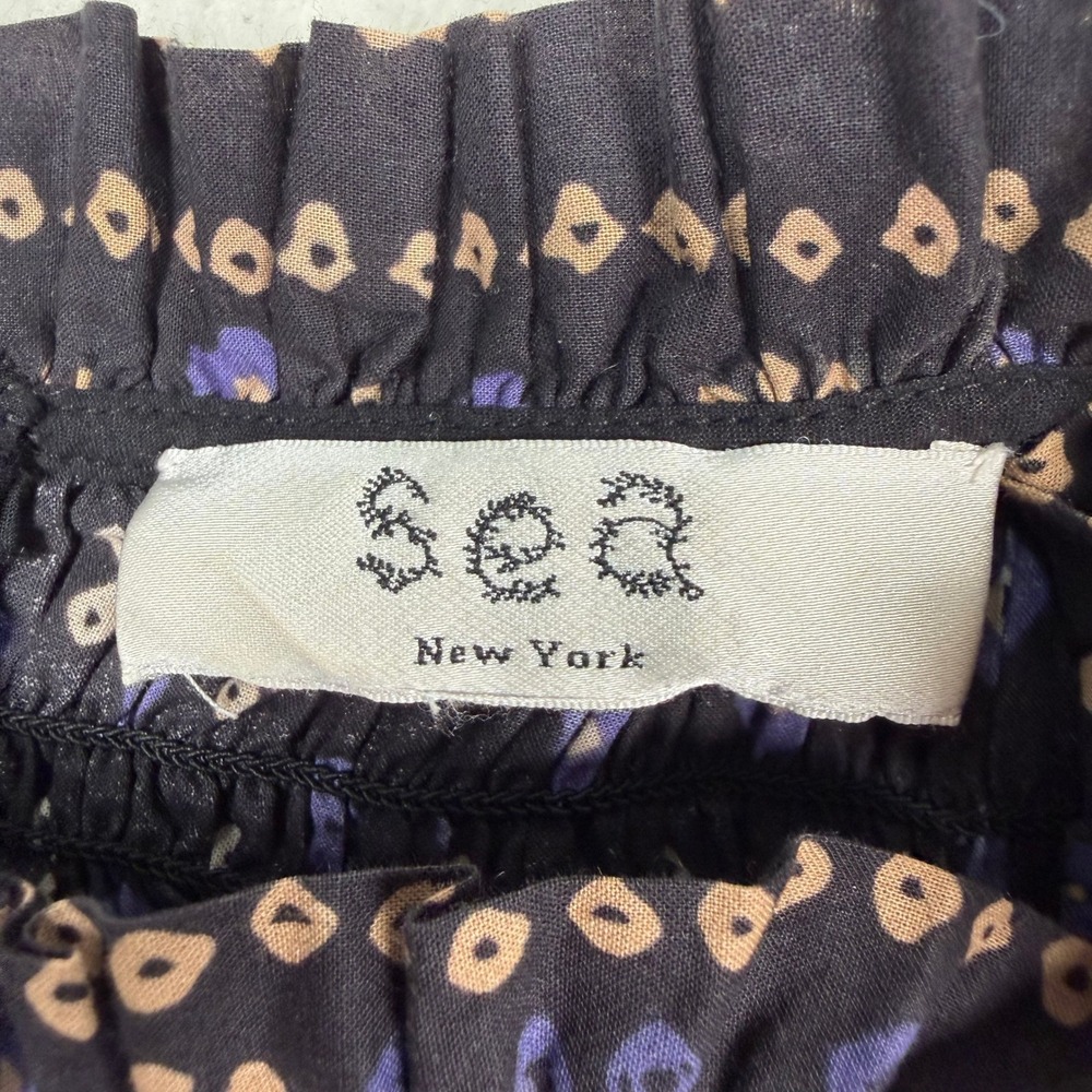 Sea New York Delphine Puff Sleeve Smocked Top Small? Black Blue Geometric Cotton - Picture 4 of 12